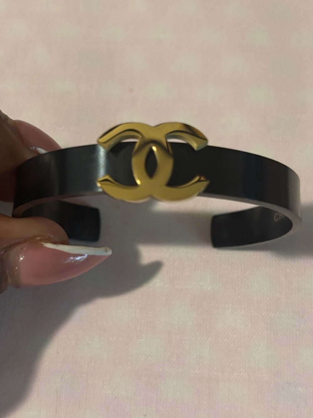CHANEL Black and Gold Open Cuff Bracelet